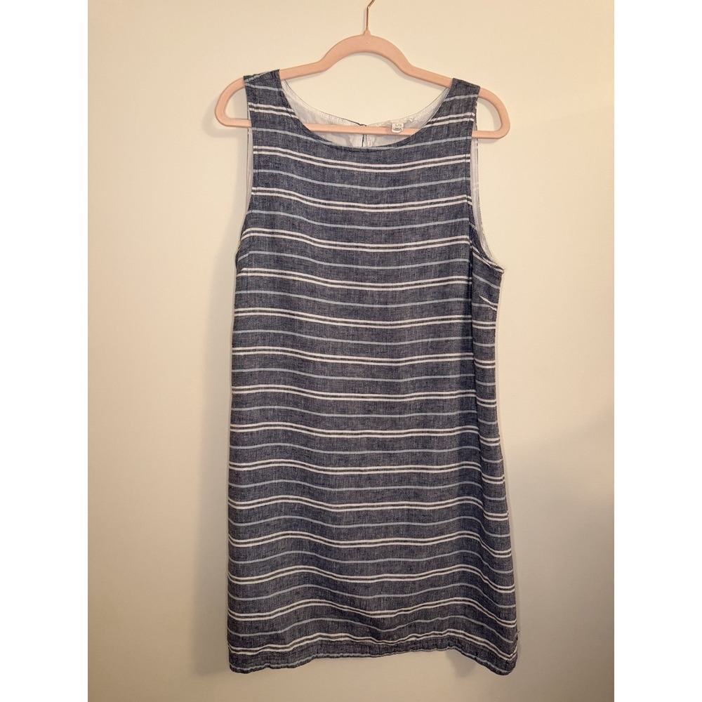 Beach Lunch Lounge Linen Blend Striped Shift Dress Size L Blue White Lined